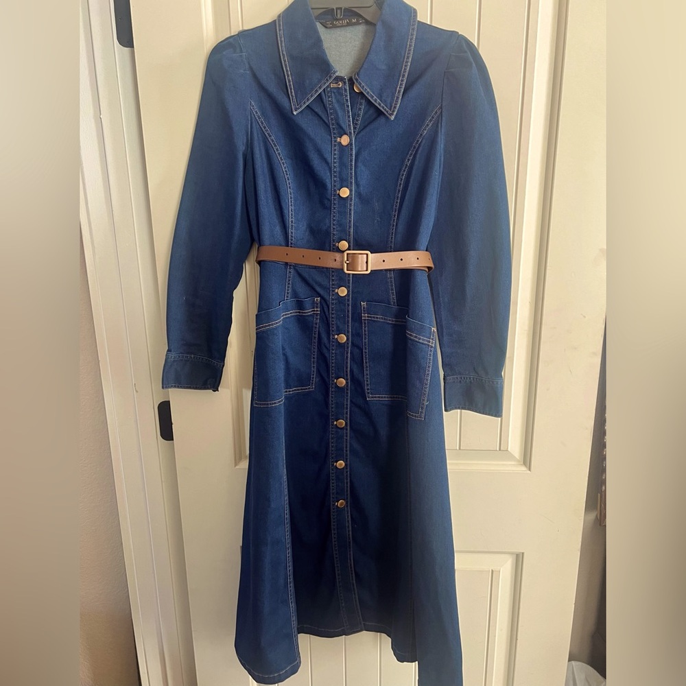 Women's Denim Dress Button Down Lapel Collar Casual Midi Dress with Belt
